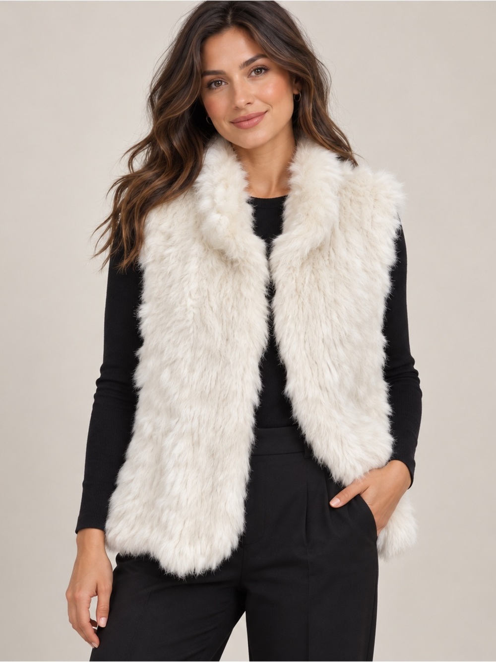 Valerie Stevens Genuine Rabbit Fur Vest White L/XL High Collar